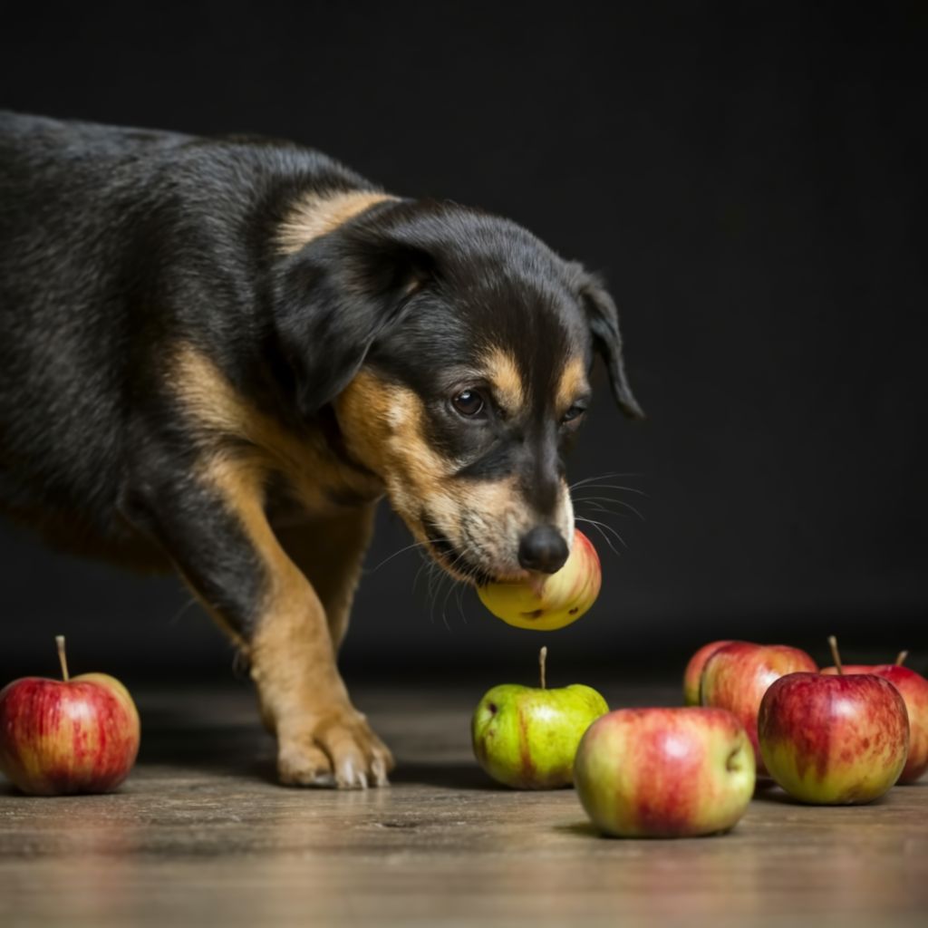 dog eating apples